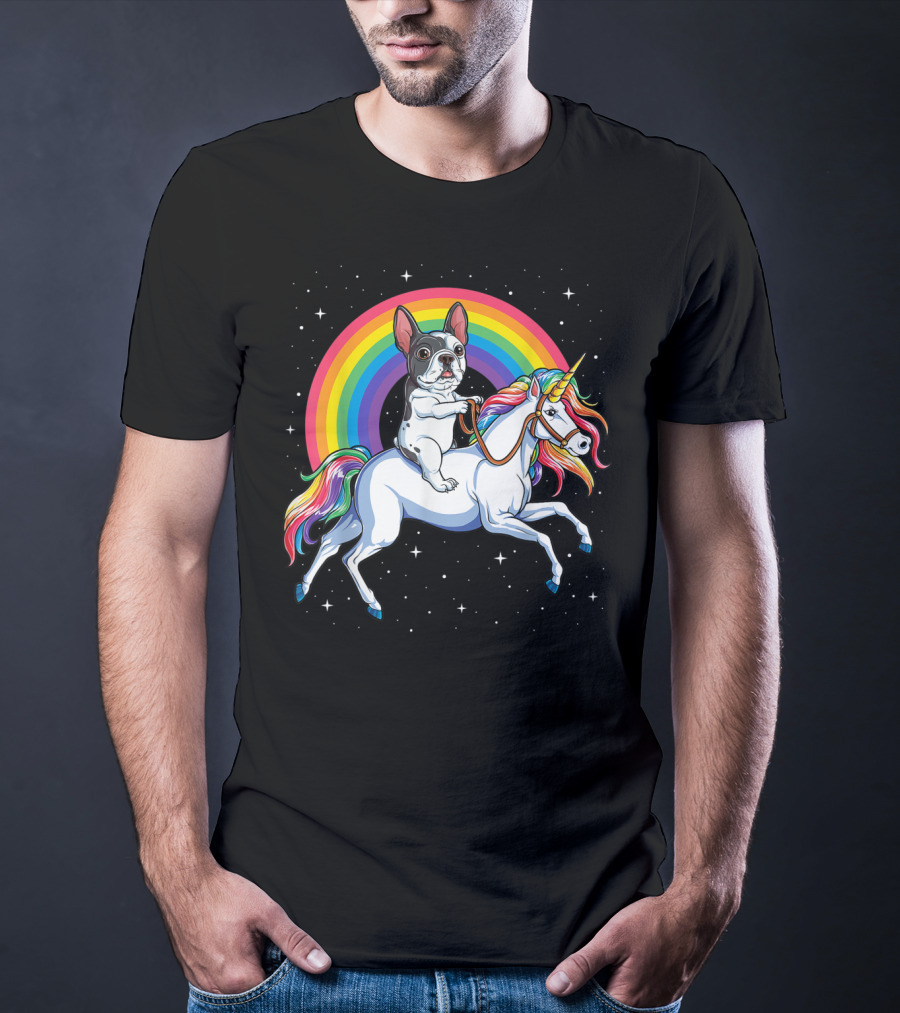 French Bulldog Riding Rainbow Unicorn In Space Galaxy T-Shirt