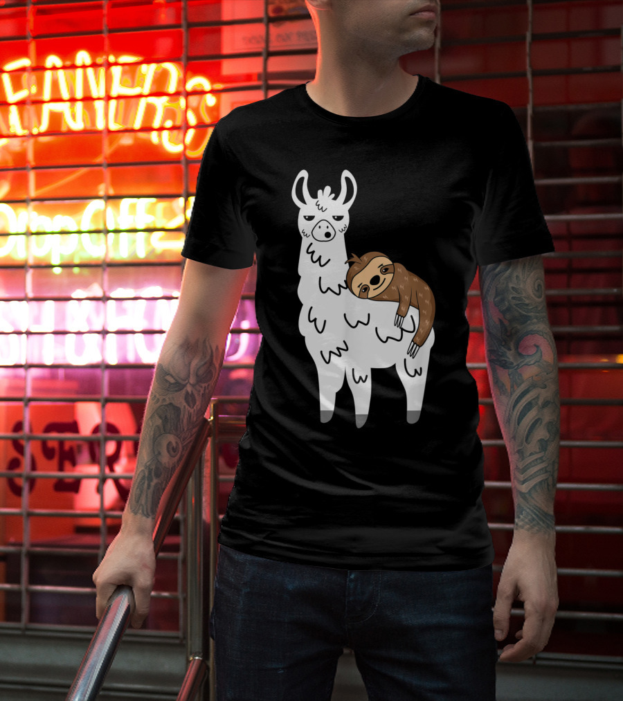 Funny Fluffy Sloth Hugging A Llama T-Shirt