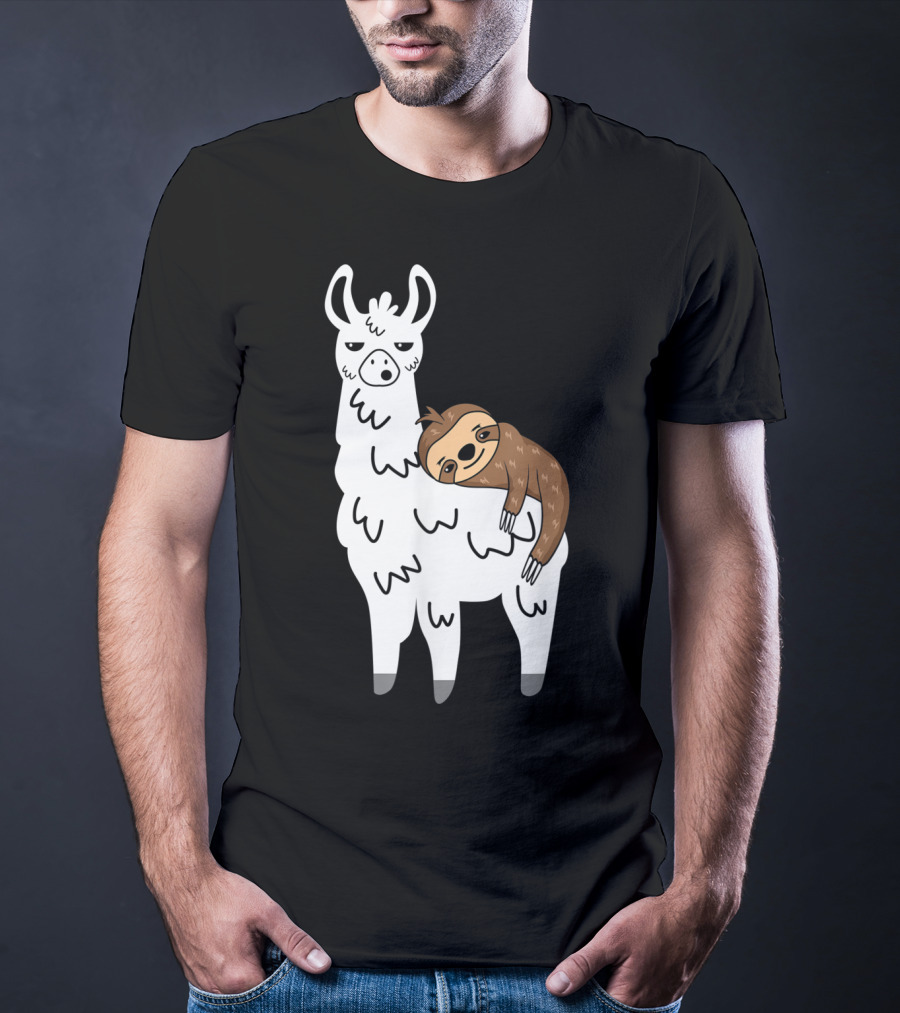 Funny Fluffy Sloth Hugging A Llama T-Shirt