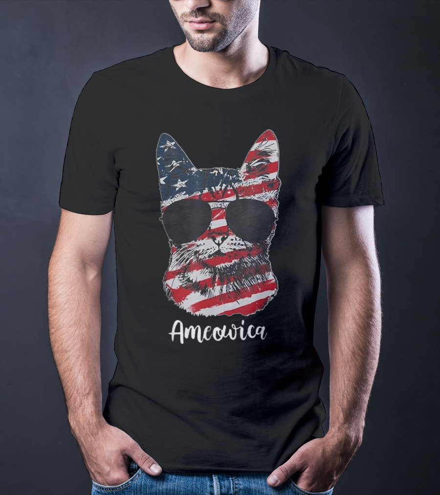 Ameowica American Flag Cat With Sunglasses T-Shirt