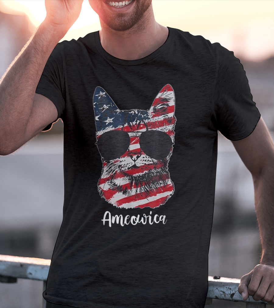 Ameowica American Flag Cat With Sunglasses T-Shirt
