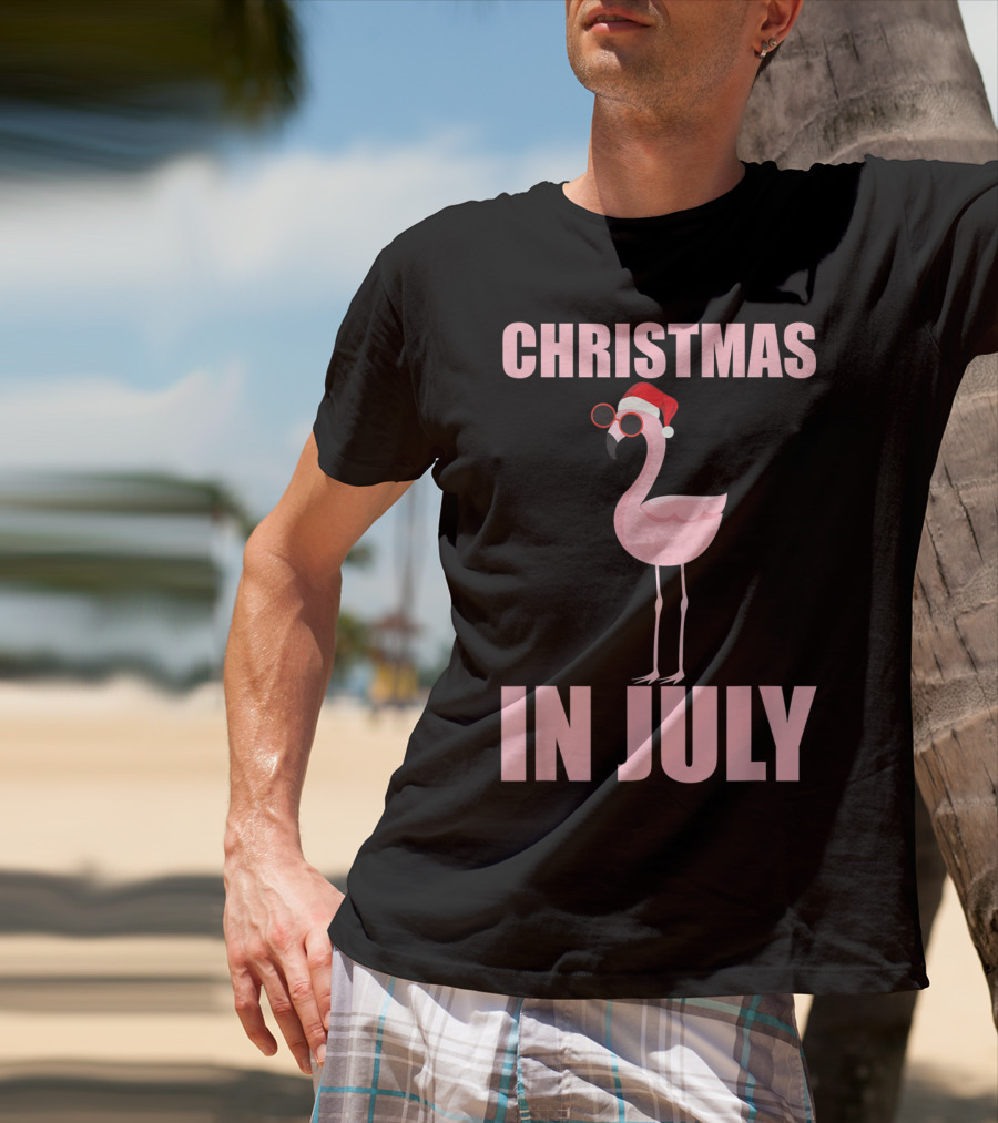 Christmas In July Funny Flamingo In Santa Hat T-Shirt