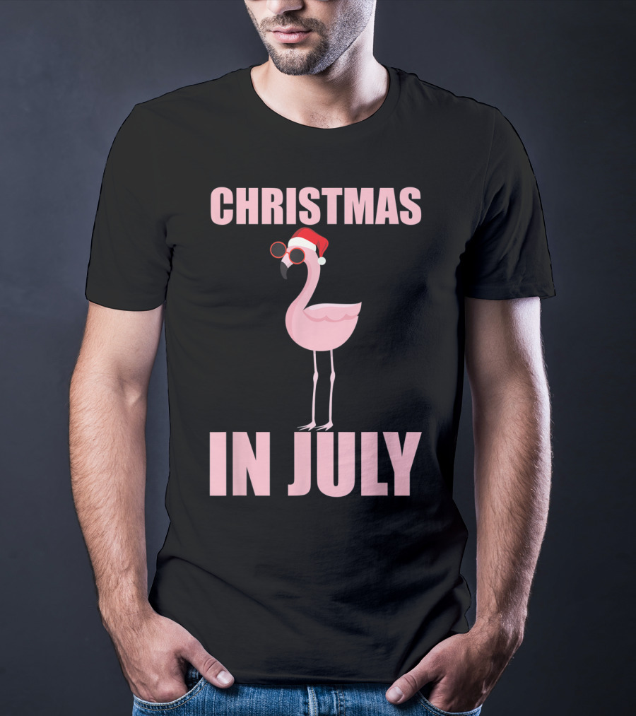 Christmas In July Funny Flamingo In Santa Hat T-Shirt