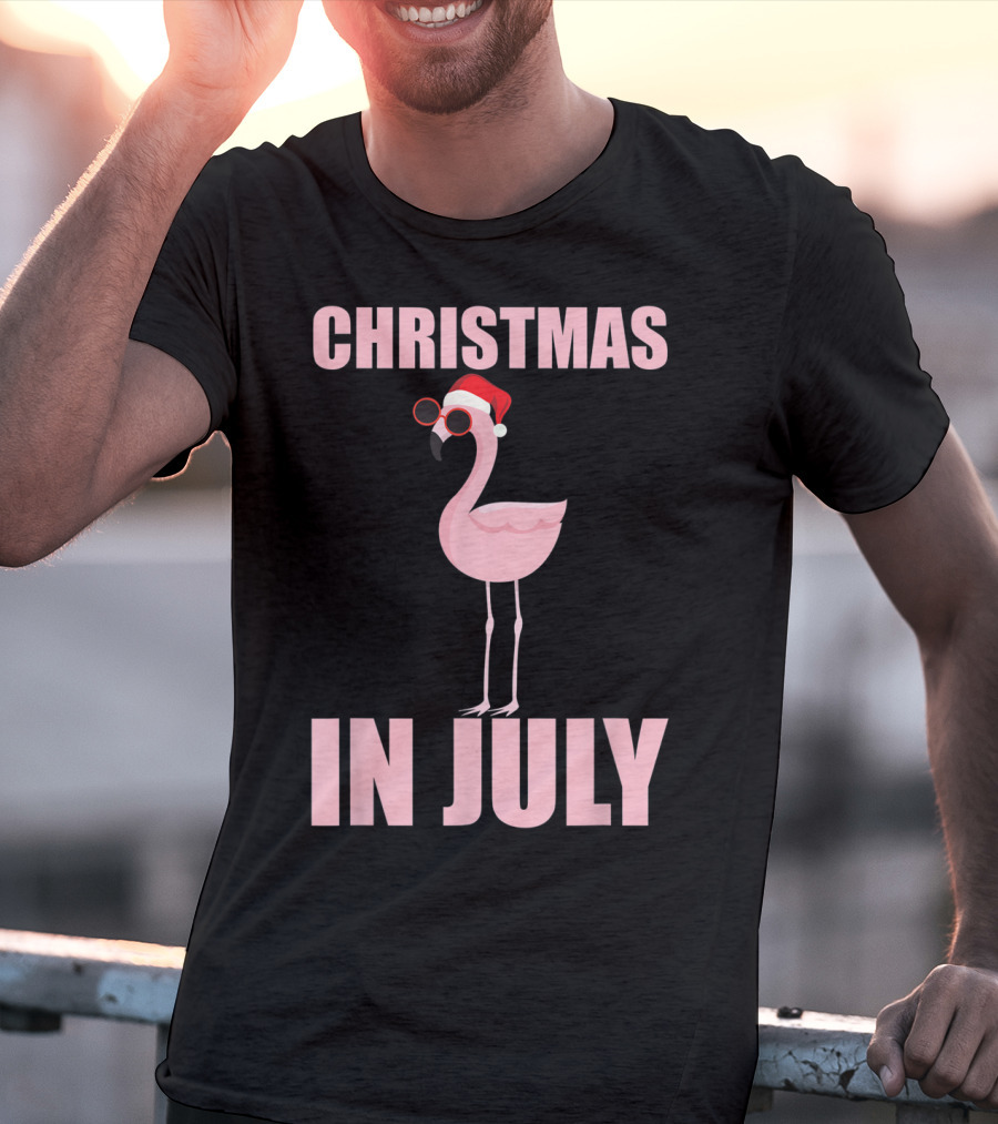 Christmas In July Funny Flamingo In Santa Hat T-Shirt