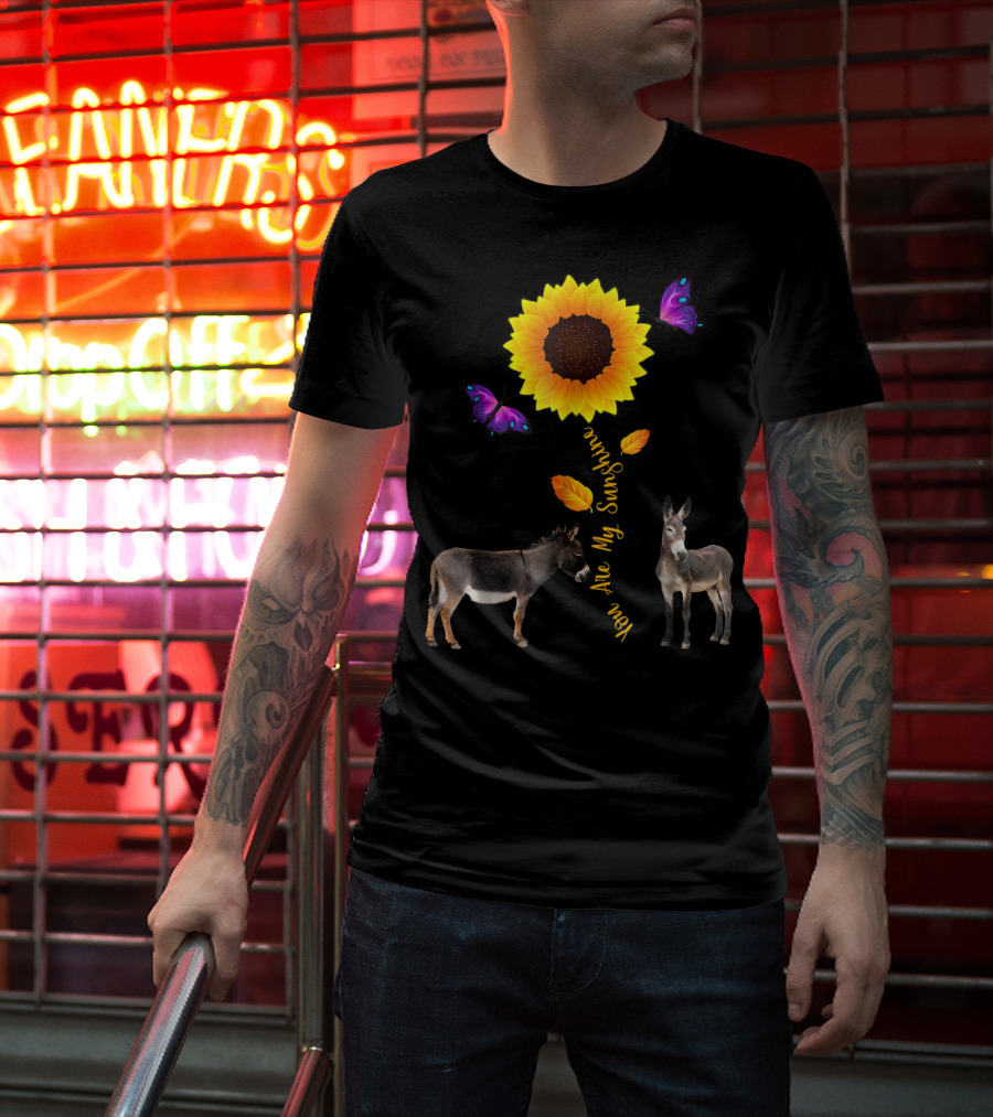 Donkey You Are My Sunshine Sunflower With Butterflies And Leaves T-Shirt