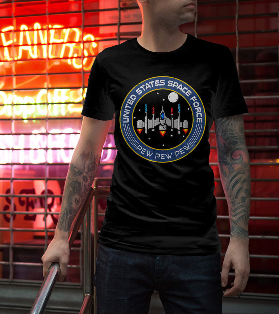 United States Space Force Pew Pew Pew 8 Bit Spaceship T-Shirt