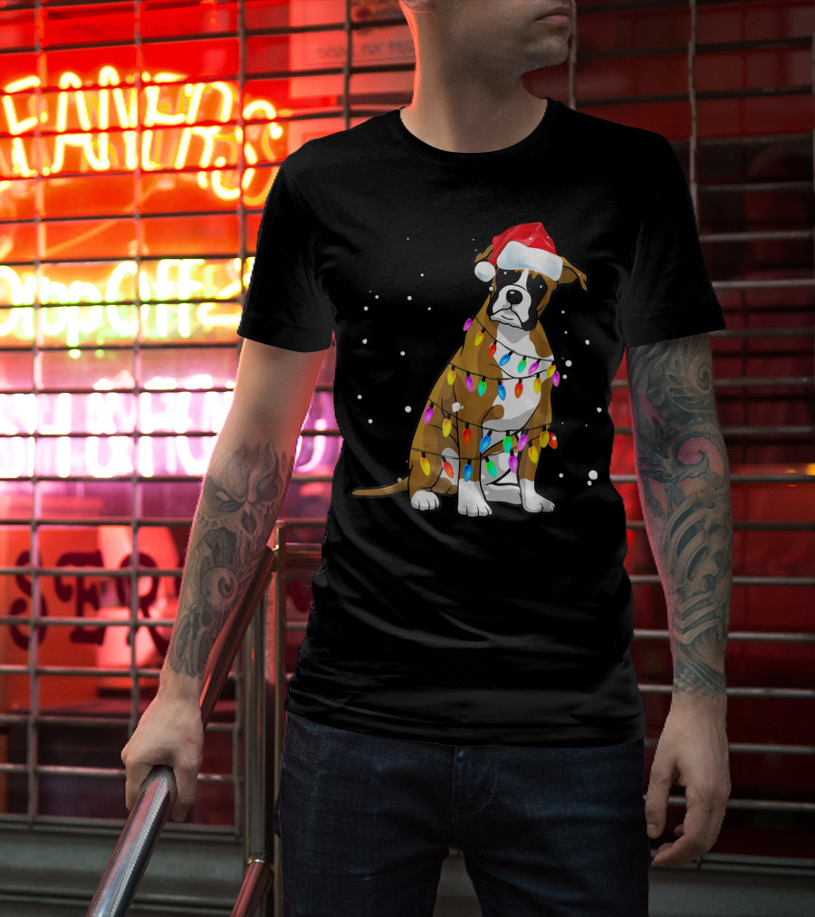 Boxer Dog Wrapped In Christmas Lights Wearing Santa Hat T-Shirt