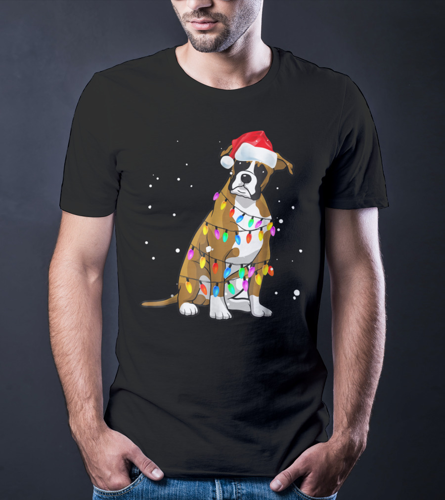 Boxer Dog Wrapped In Christmas Lights Wearing Santa Hat T-Shirt