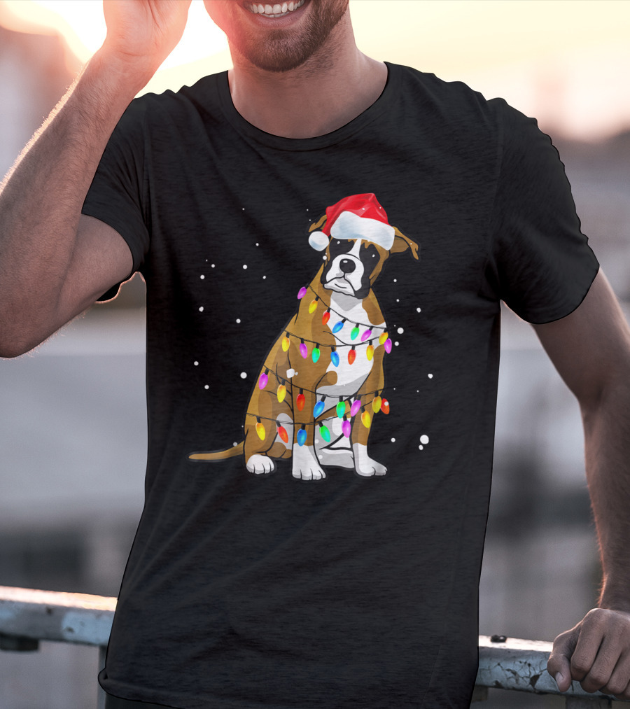 Boxer Dog Wrapped In Christmas Lights Wearing Santa Hat T-Shirt