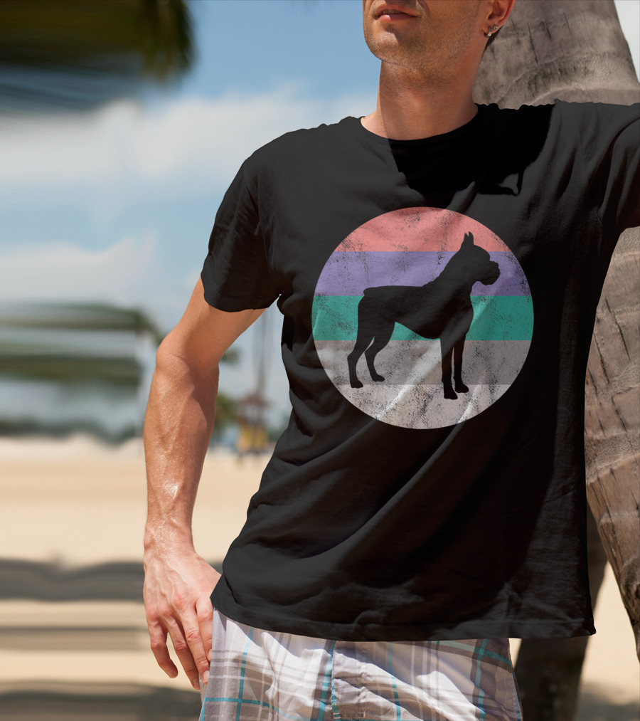 Boxer Dog Silhouette With Striped Circle Retro T-Shirt
