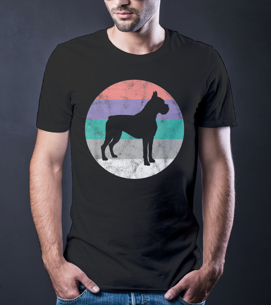 Boxer Dog Silhouette With Striped Circle Retro T-Shirt