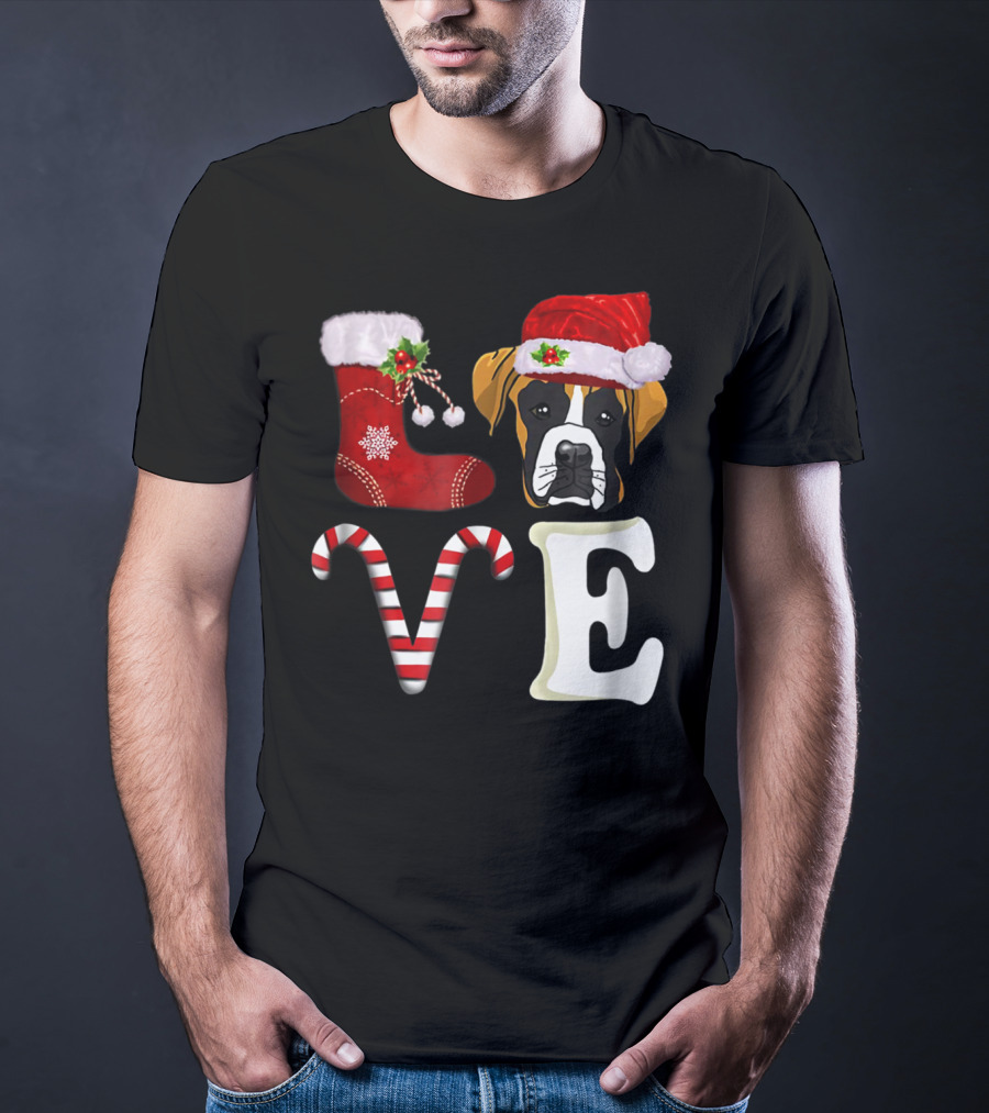 Boxer Dog Love Christmas Light With Santa Hat And Candy Cane T-Shirt