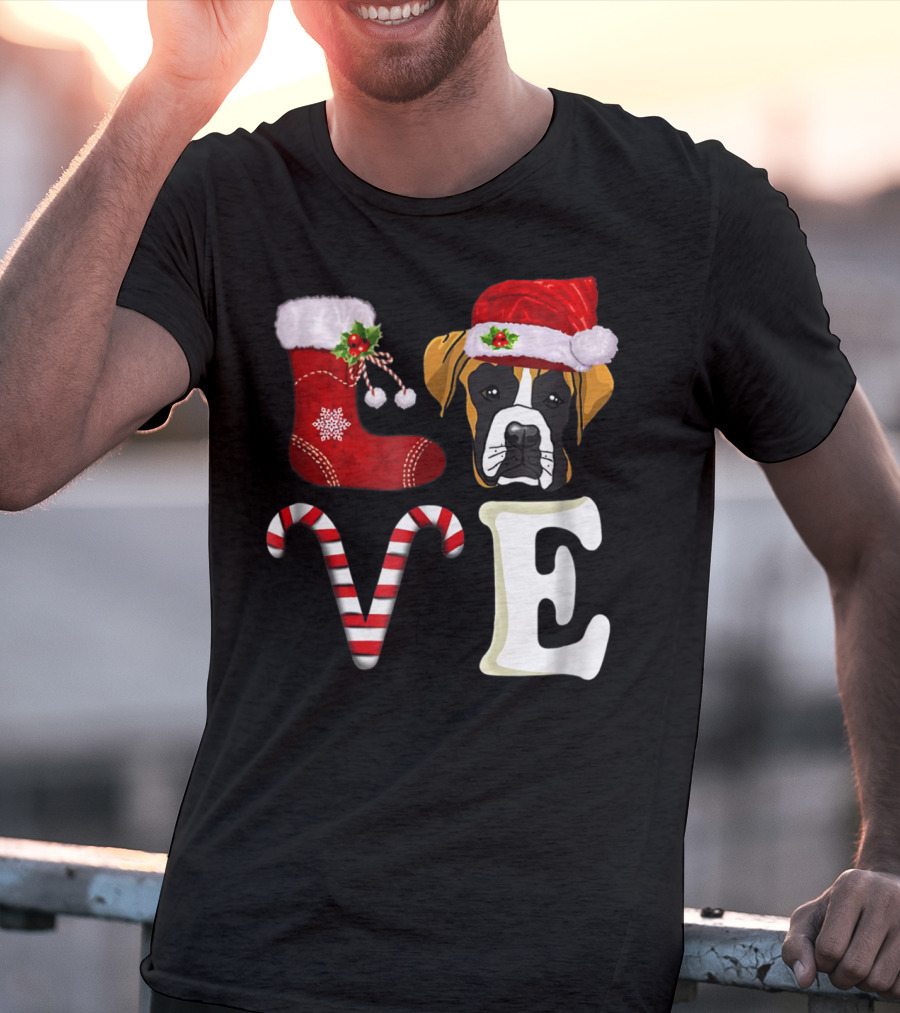 Boxer Dog Love Christmas Light With Santa Hat And Candy Cane T-Shirt
