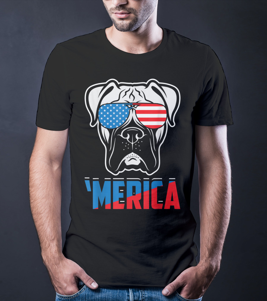 Boxer Dog In American Flag Sunglasses 'Merica Patriot T-Shirt