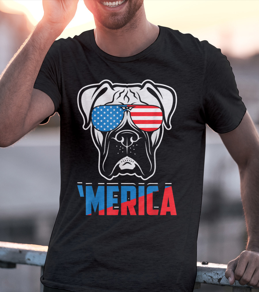 Boxer Dog In American Flag Sunglasses 'Merica Patriot T-Shirt