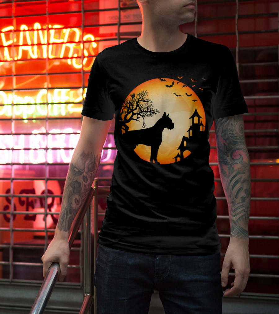 Scary Boxer Dog Halloween Moon With Bats And Haunted House Scene T-Shirt