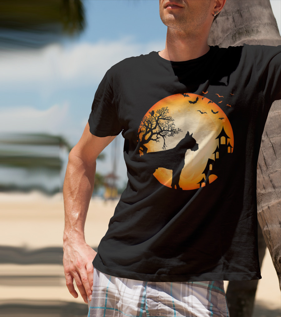 Scary Boxer Dog Halloween Moon With Bats And Haunted House Scene T-Shirt