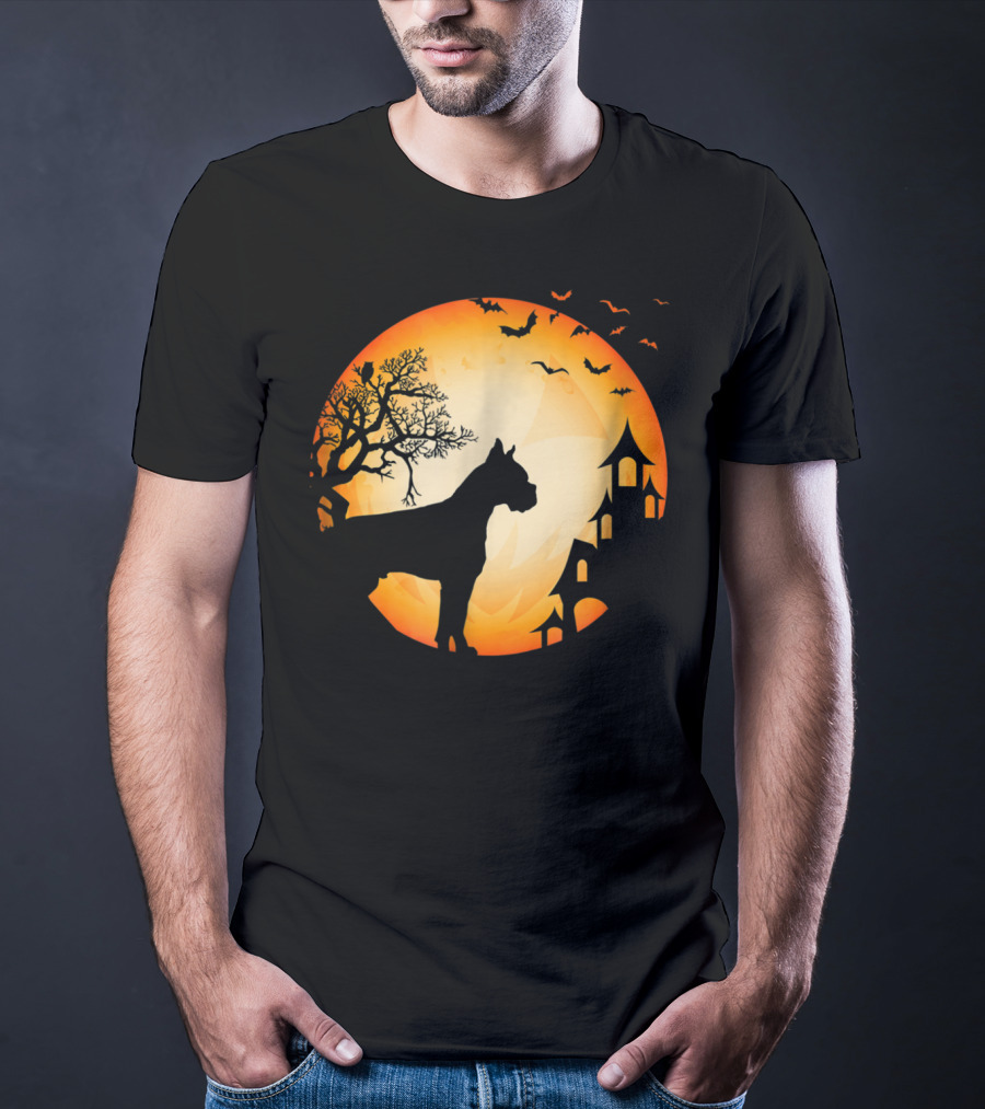 Scary Boxer Dog Halloween Moon With Bats And Haunted House Scene T-Shirt