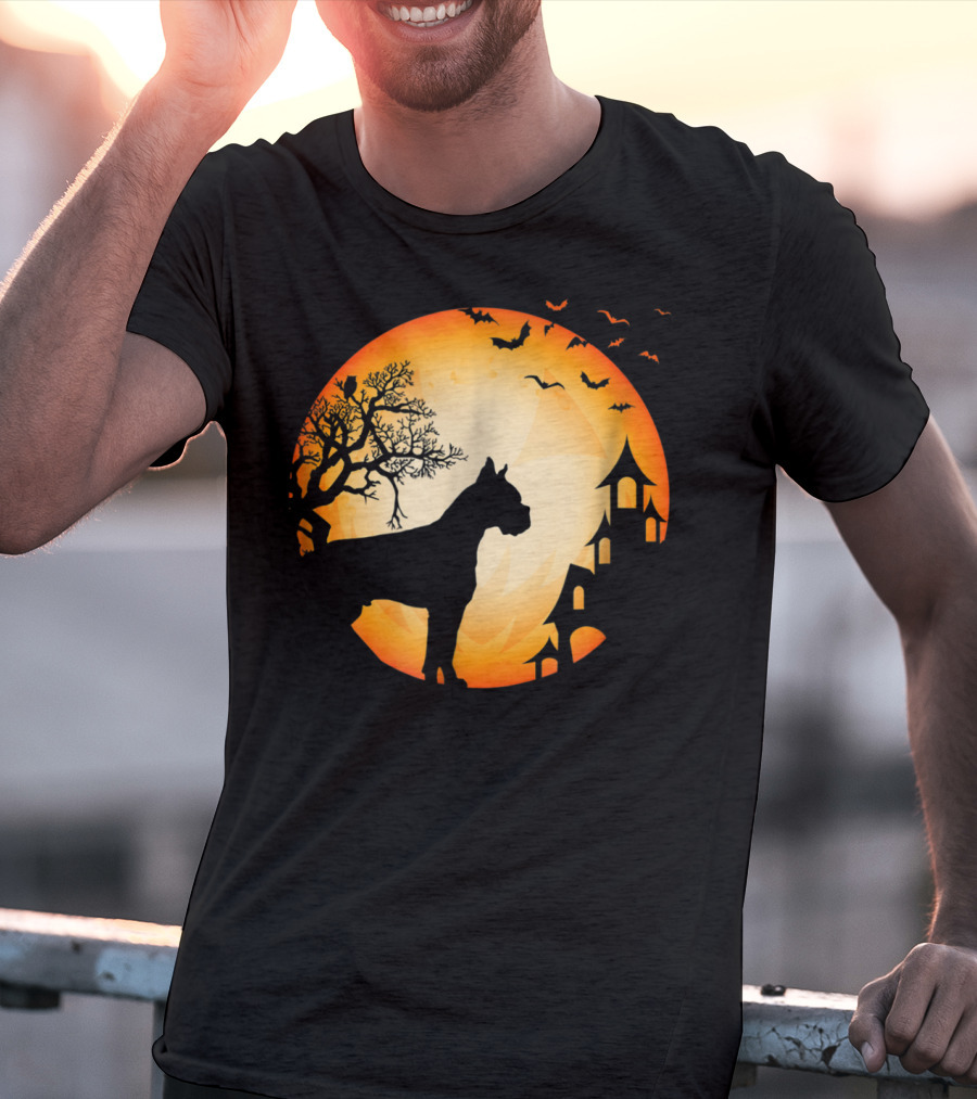 Scary Boxer Dog Halloween Moon With Bats And Haunted House Scene T-Shirt