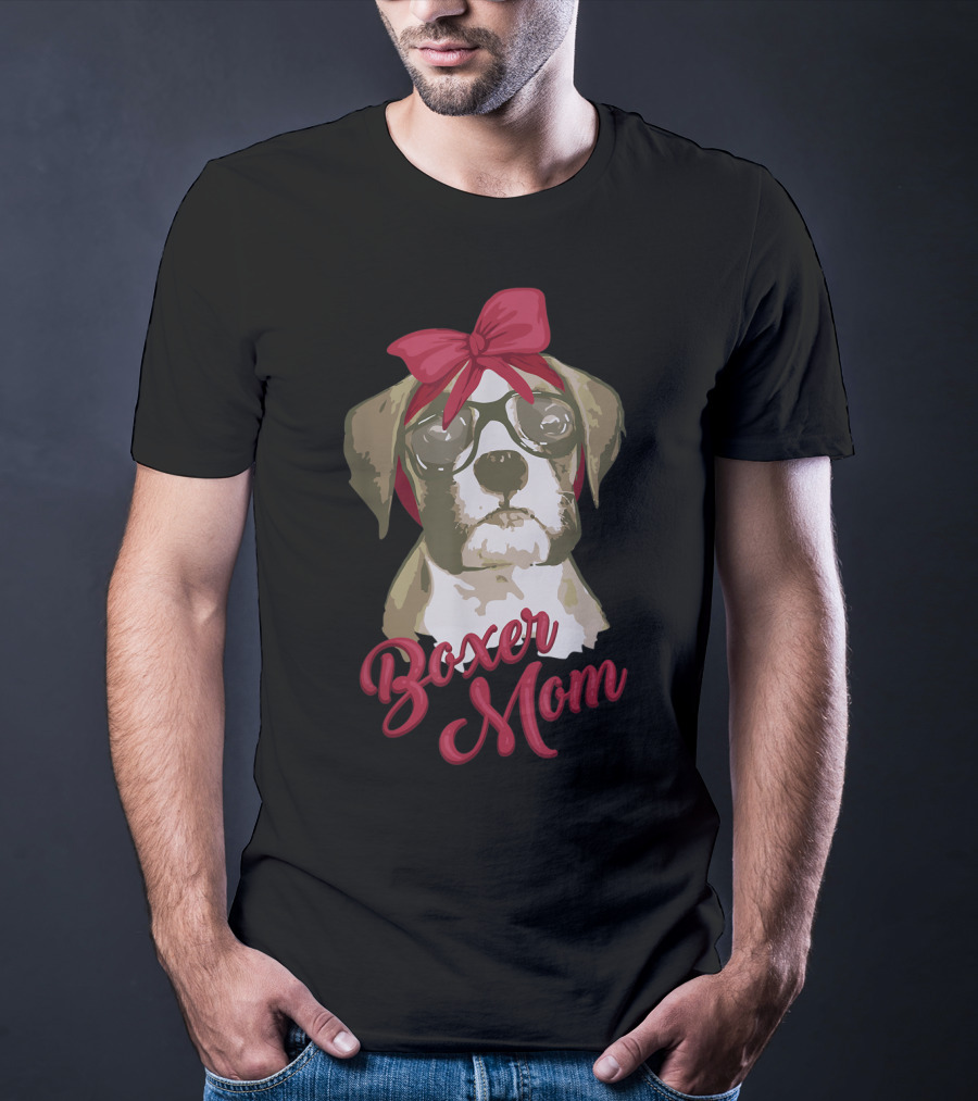 Boxer Mom Funny Cool I Heart Boxer Breed Glasses Red Bow T-Shirt