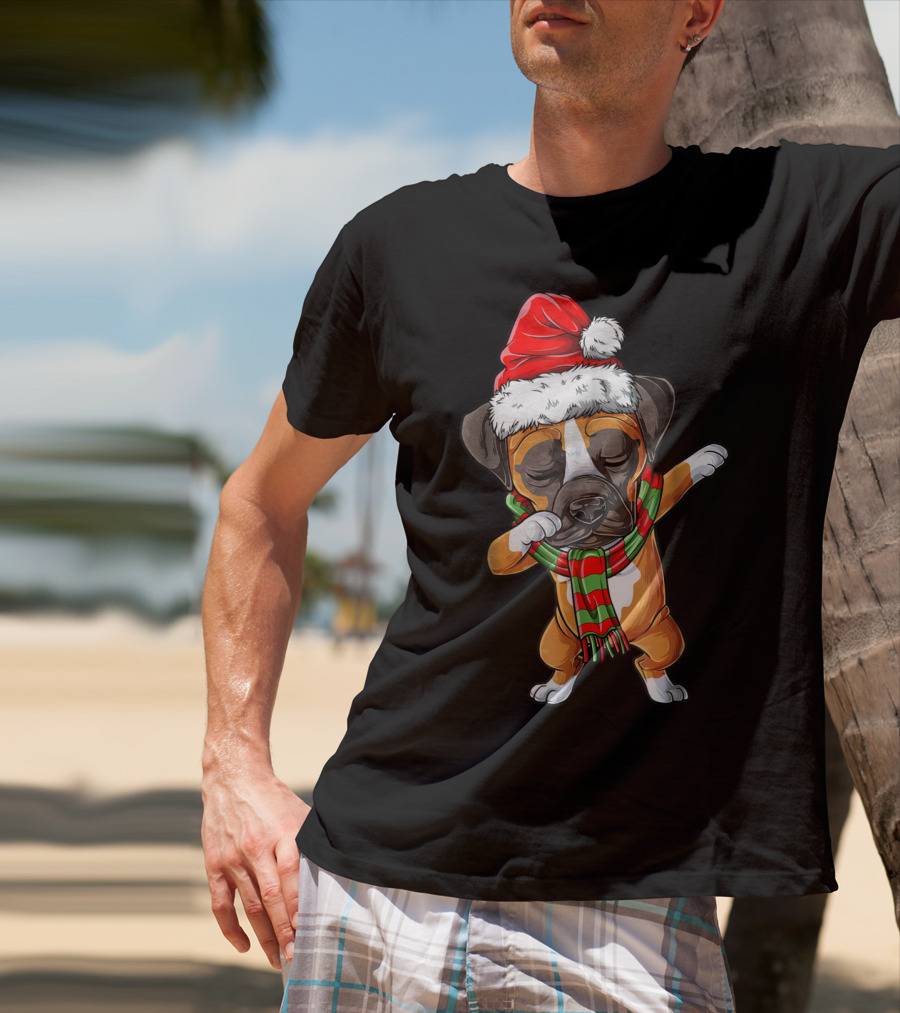 Dabbing Boxer Dog In Santa Hat With Christmas Scarf T-Shirt