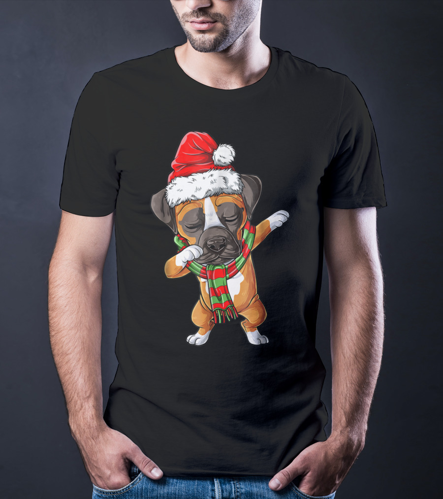 Dabbing Boxer Dog In Santa Hat With Christmas Scarf T-Shirt