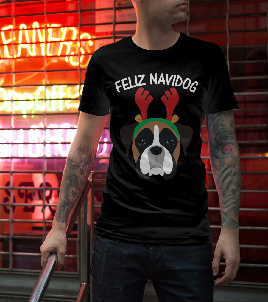 Feliz Navidog Navidad Boxer Dog Reindeer Antlers T-Shirt