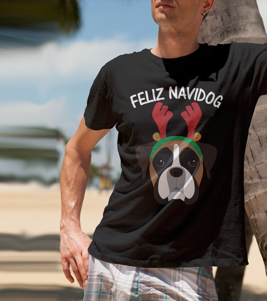 Feliz Navidog Navidad Boxer Dog Reindeer Antlers T-Shirt