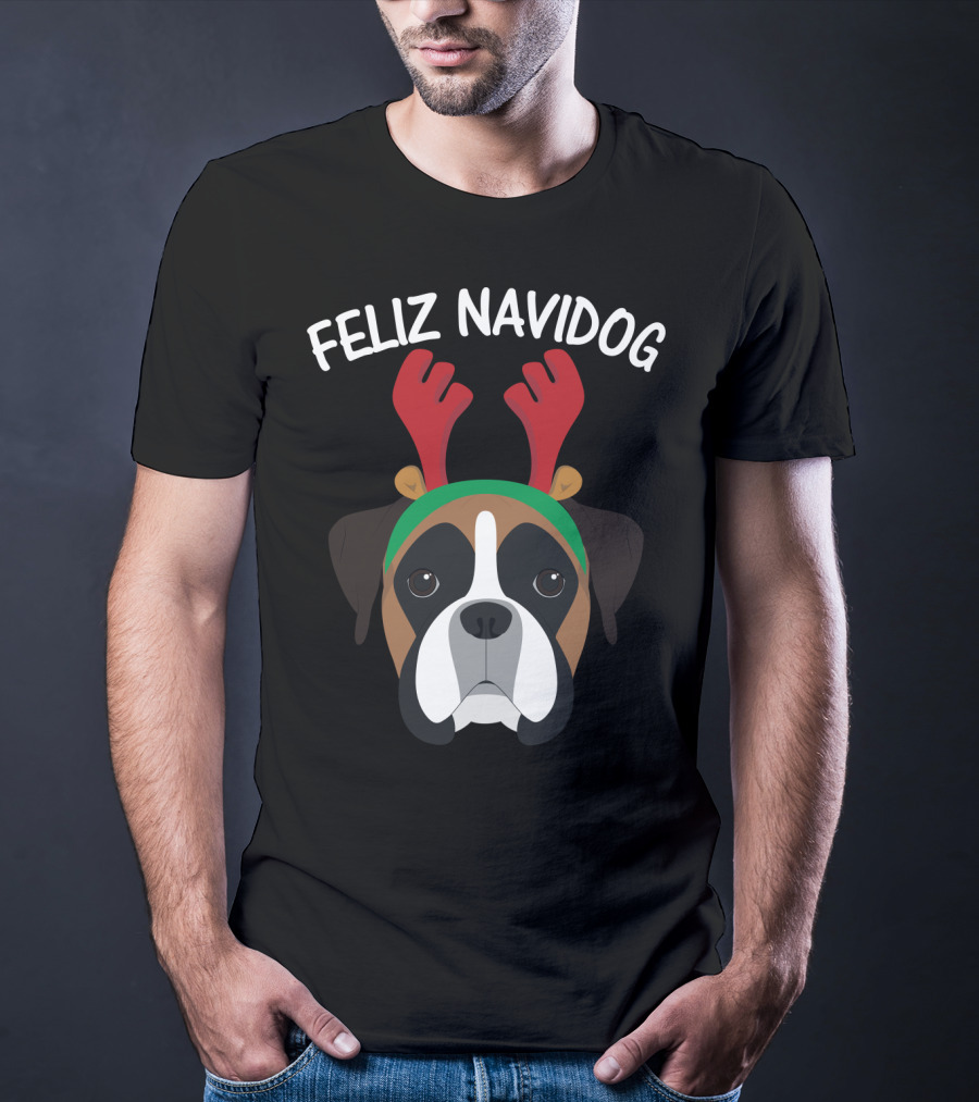 Feliz Navidog Navidad Boxer Dog Reindeer Antlers T-Shirt