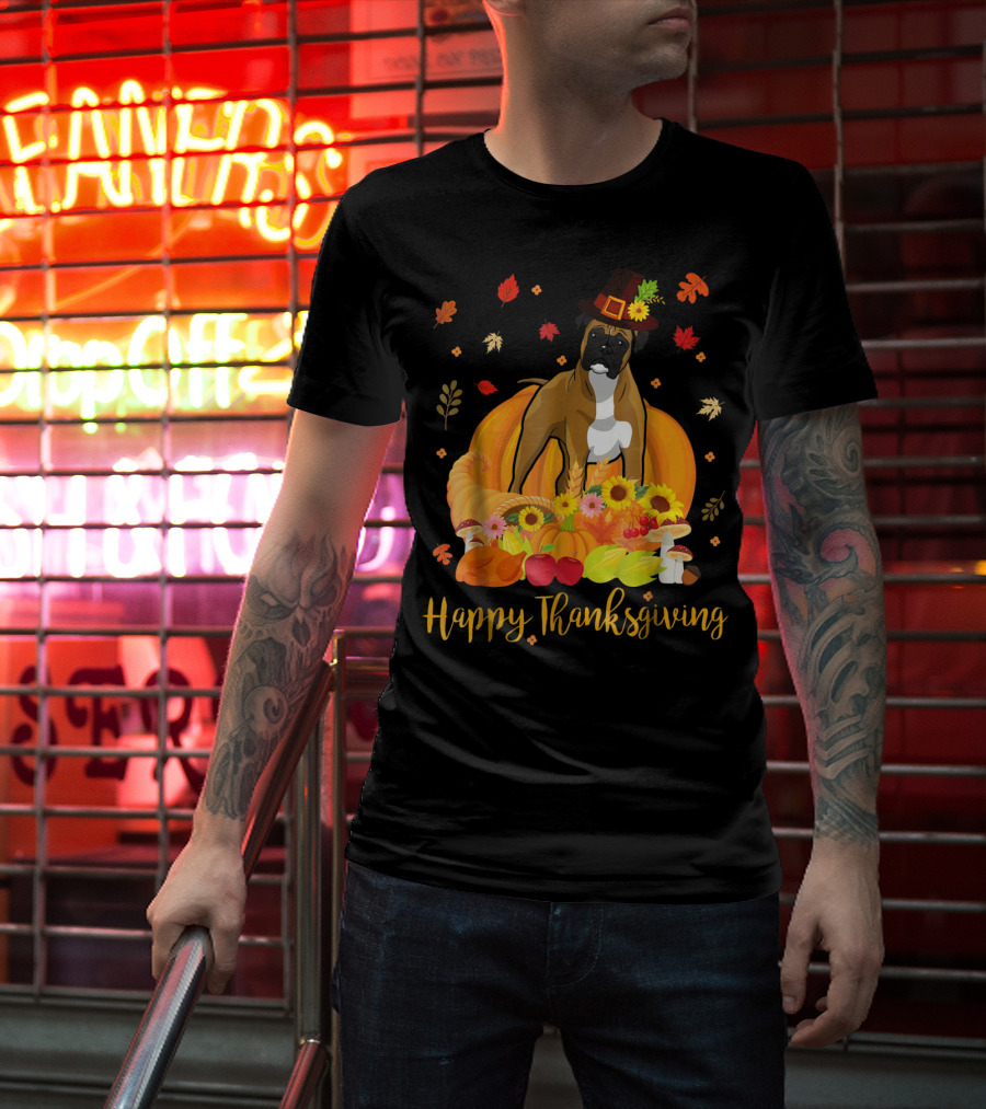 Thanksgiving Boxer Dog With Pilgrim Hat And Harvest Feast T-Shirt