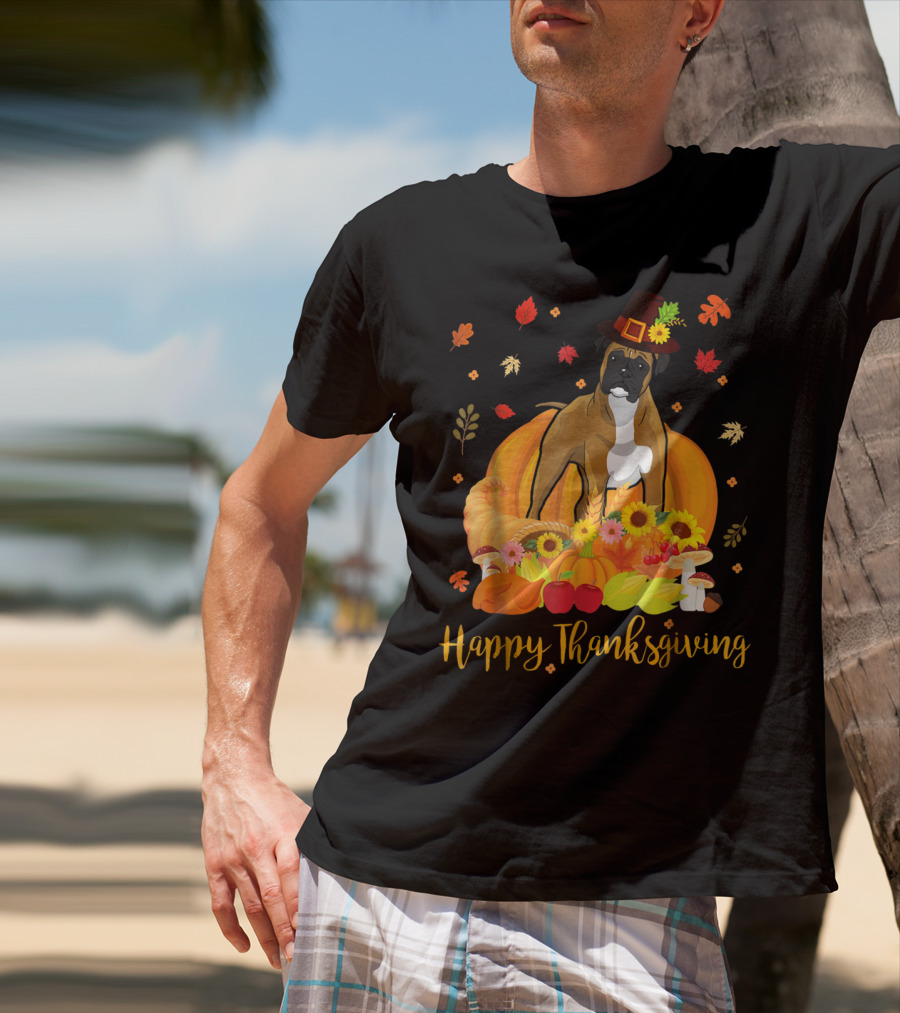 Thanksgiving Boxer Dog With Pilgrim Hat And Harvest Feast T-Shirt