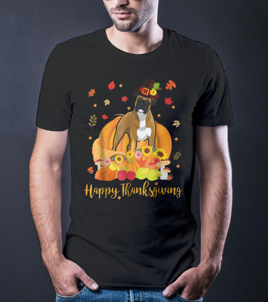 Thanksgiving Boxer Dog With Pilgrim Hat And Harvest Feast T-Shirt