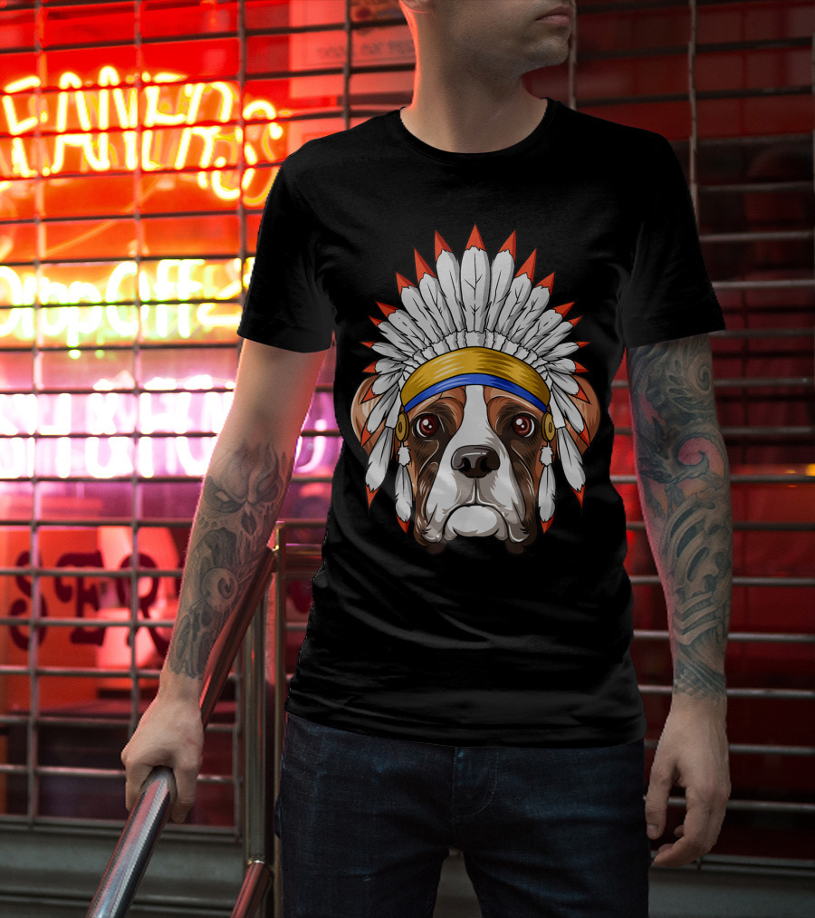Native Indian American Boxer Feather Headdress Boxer Dog T-Shirt