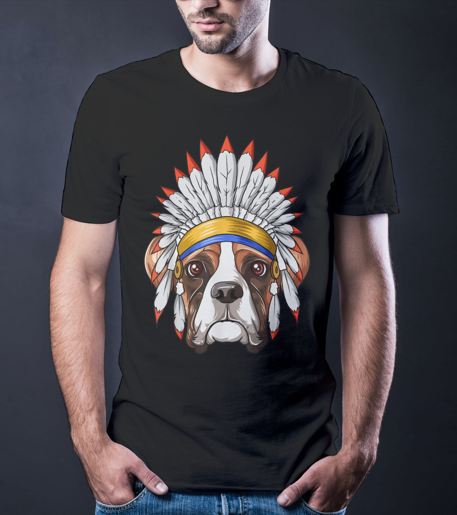 Native Indian American Boxer Feather Headdress Boxer Dog T-Shirt