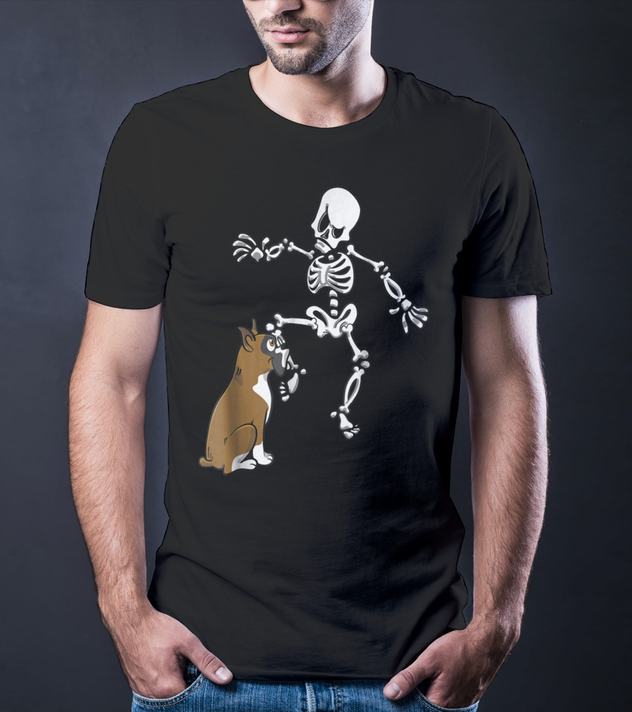 Boxer Dog Biting Skeleton Leg Halloween Dog Skeleton T-Shirt