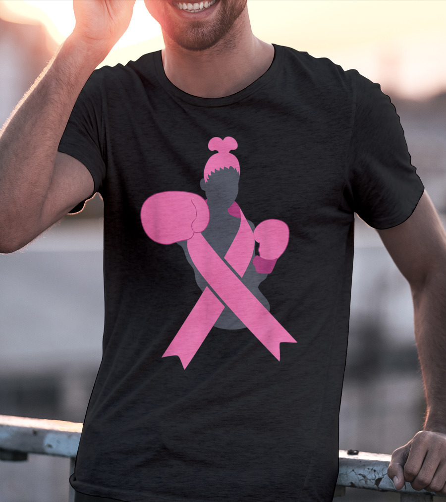 Boxer Supporting Breast Cancer Awareness With Pink Ribbon Boxing Gloves T-Shirt