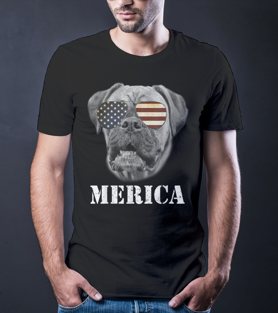 Merica Patriotic Boxer Dog With USA Flag Sunglasses T-Shirt