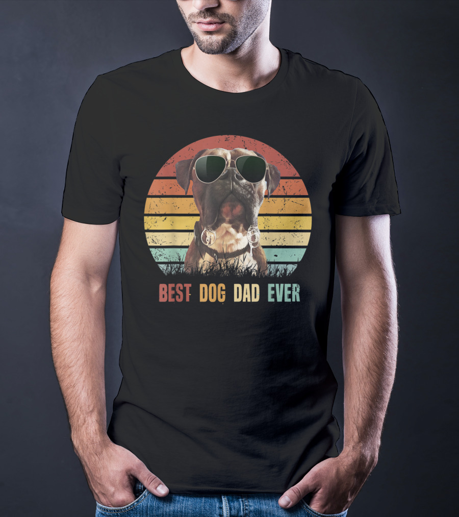 Mens Vintage Best Dog Dad Ever Boxer Dog Sunglasses Retro Sunburst T-Shirt