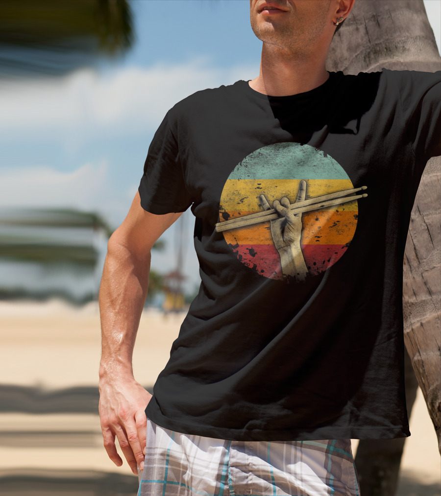 Rock Drummer Hand Sign Drumsticks Percussion Lover Retro Circle T-Shirt