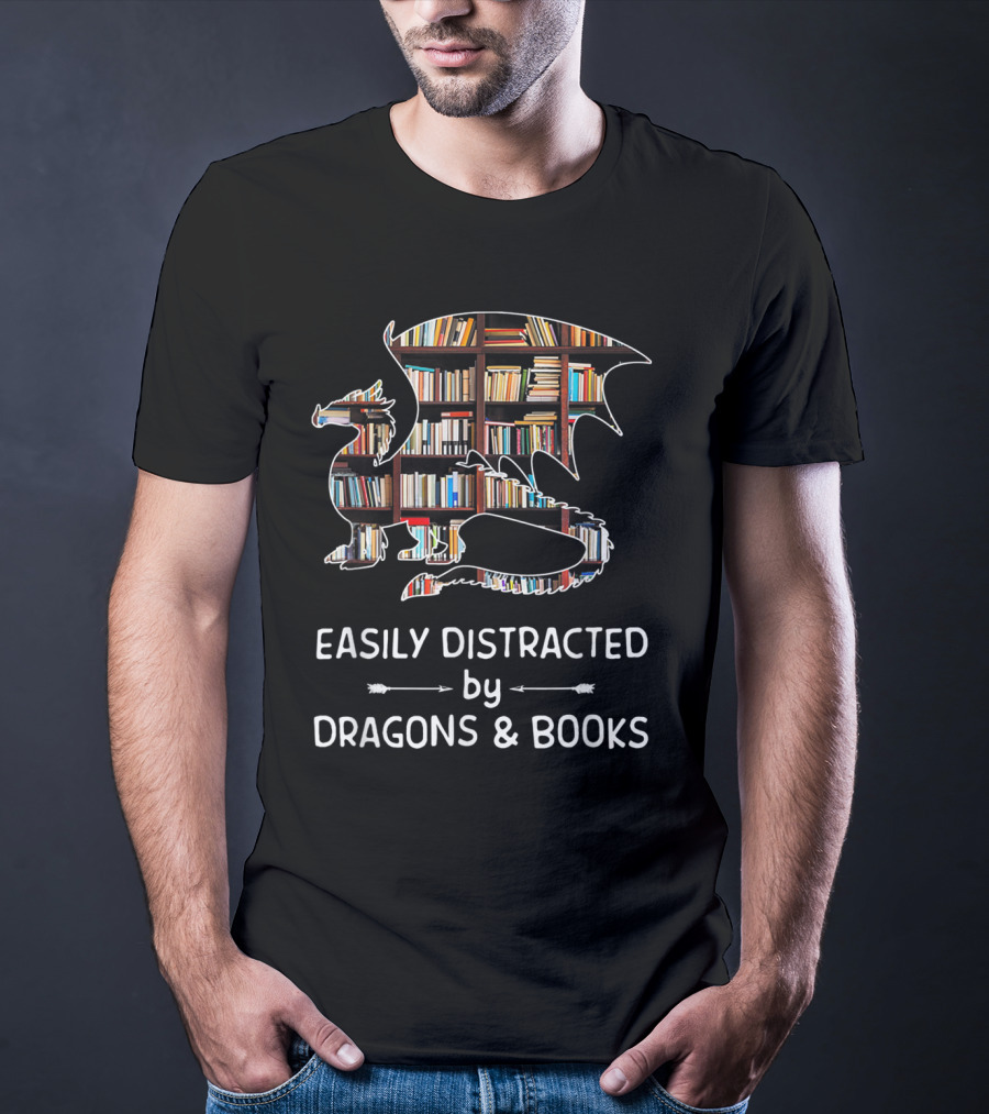 Easily Distracted By Dragons And Books With Library T-Shirt
