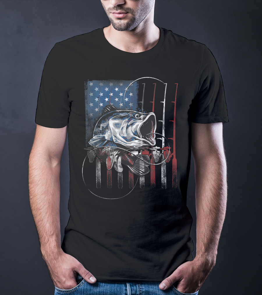 Fishing American Flag Vintage USA Bass Rods Stars Stripes T-Shirt