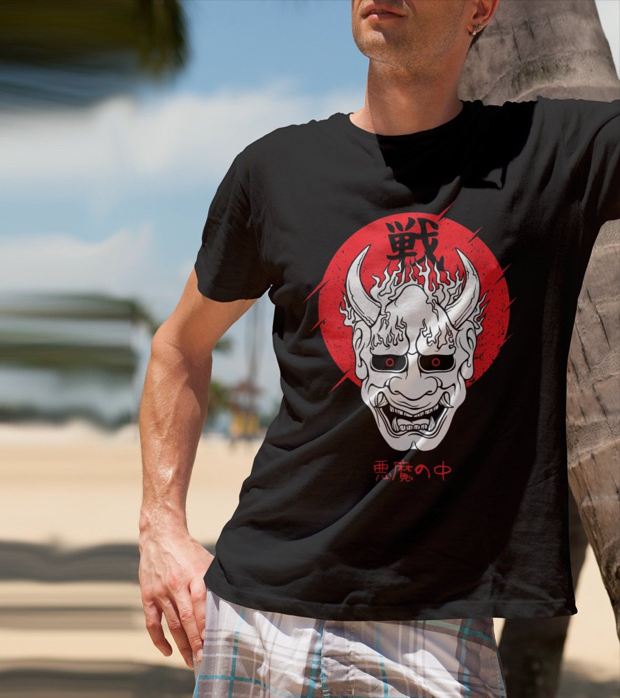 Aesthetic Japanese Devil Yokai Demon Oni Mask With Red Symbolic Background T-Shirt
