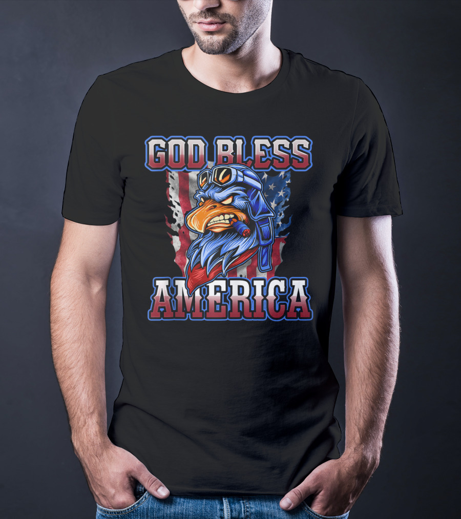 God Bless America Patriotic Eagle With American Flag Helmet And Goggles T-Shirt
