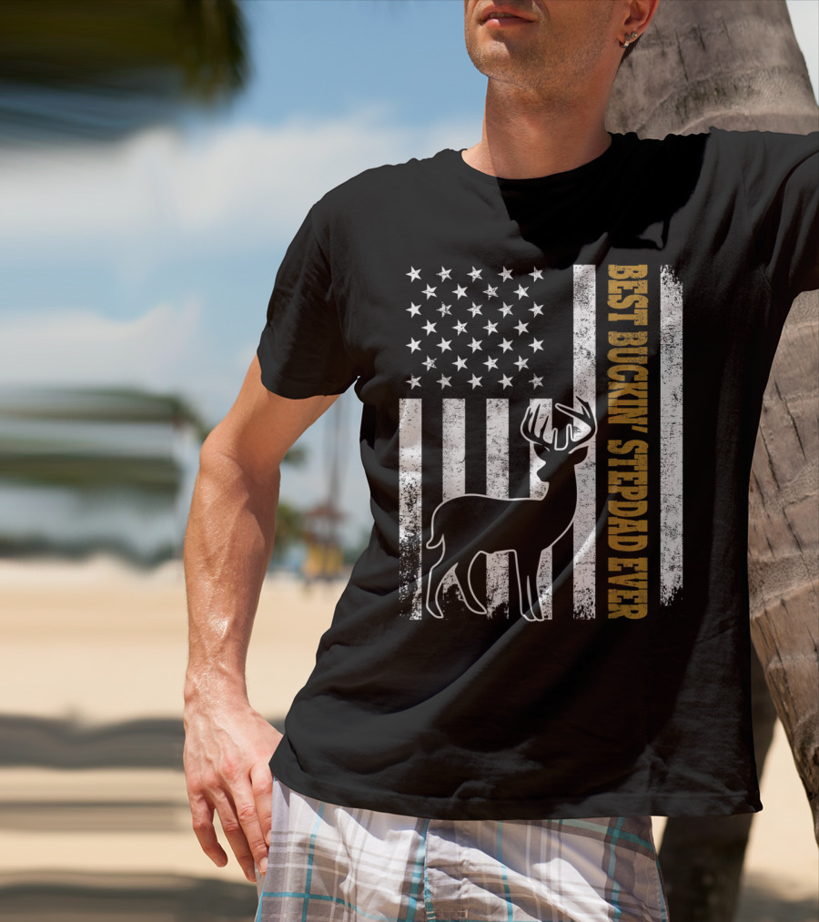 American Flag Best Buckin Stepdad Ever Deer T-Shirt