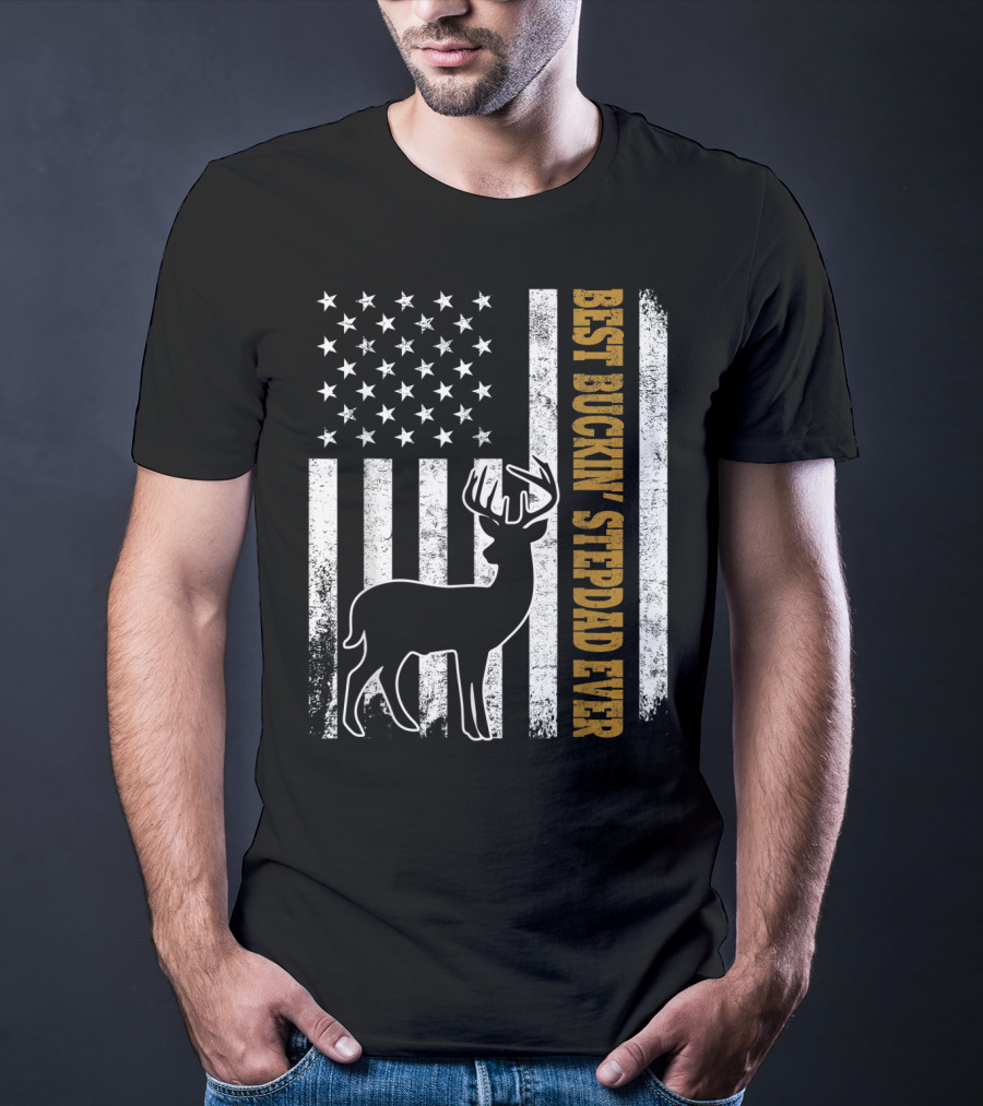 American Flag Best Buckin Stepdad Ever Deer T-Shirt