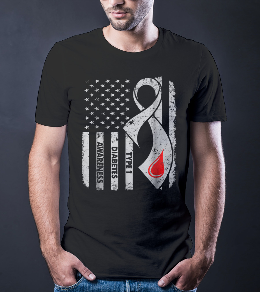 American Flag Type 1 Diabetes Awareness Ribbon With Blood Drop T-Shirt