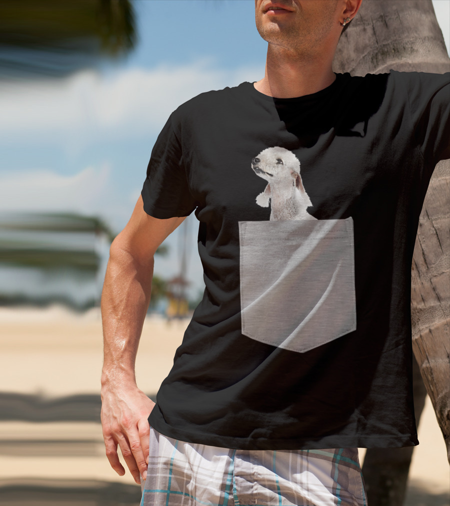 Bedlington Terrier Peeking From Gray Pocket T-Shirt