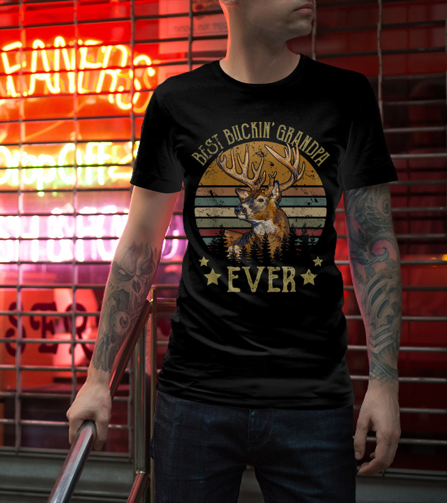 Best Buckin' Grandpa Ever Deer Hunters Vintage Sunset Buck Silhouette Stars T-Shirt