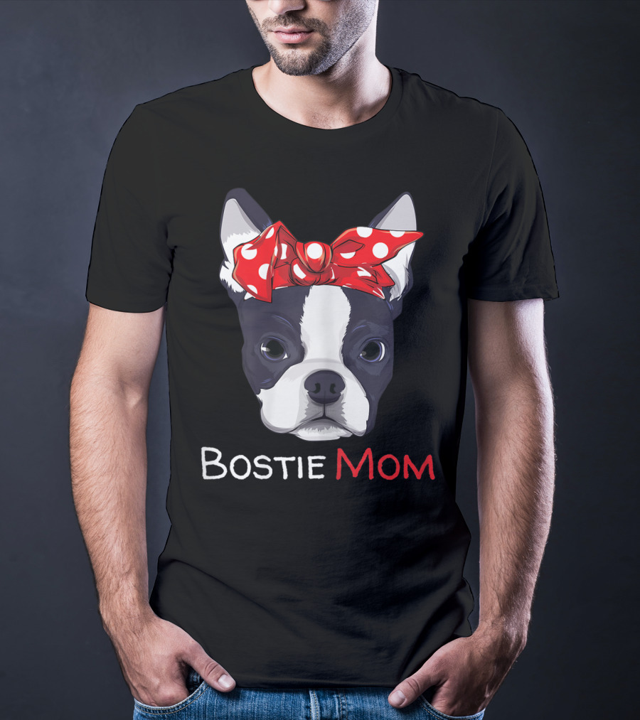 Bostie Mom Boston Terrier With Red Polka Dot Bow T-Shirt