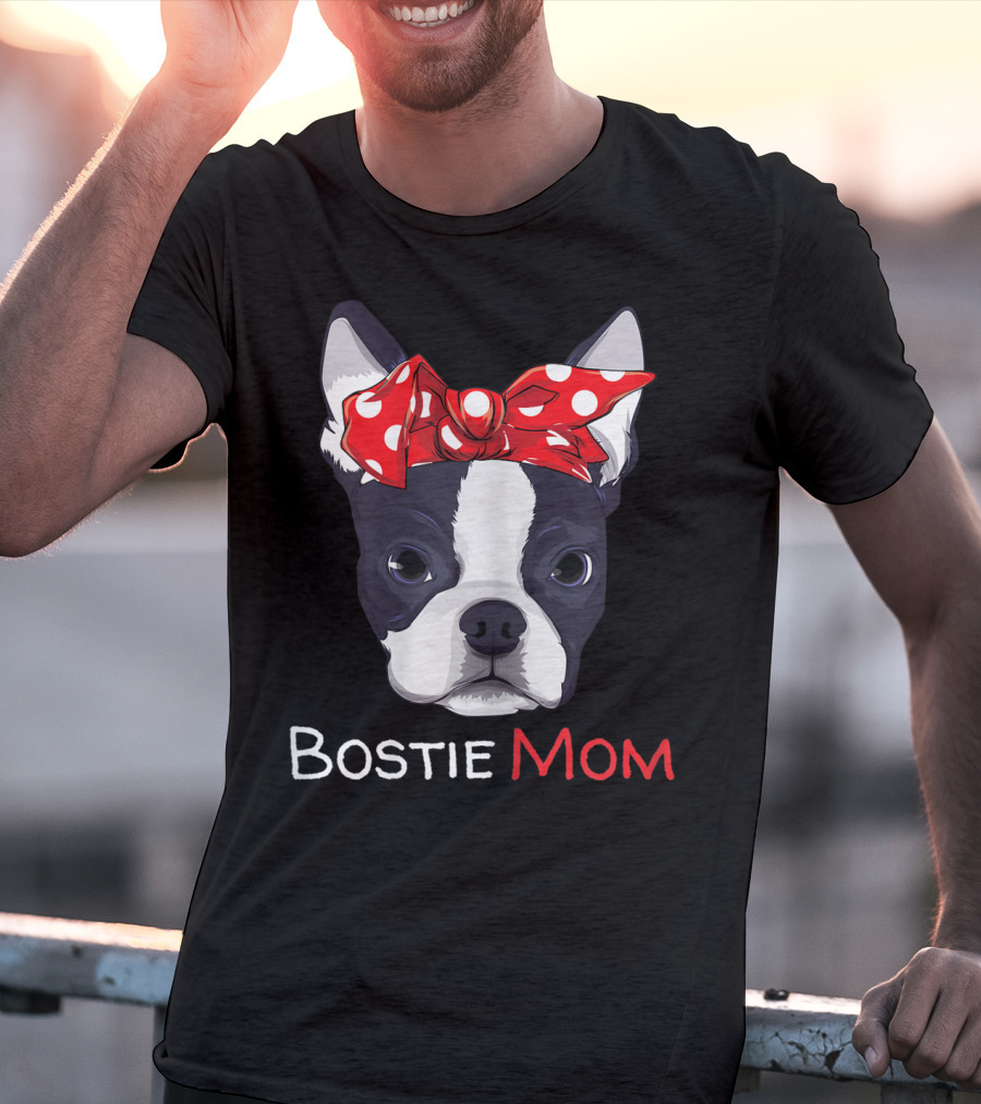 Bostie Mom Boston Terrier With Red Polka Dot Bow T-Shirt